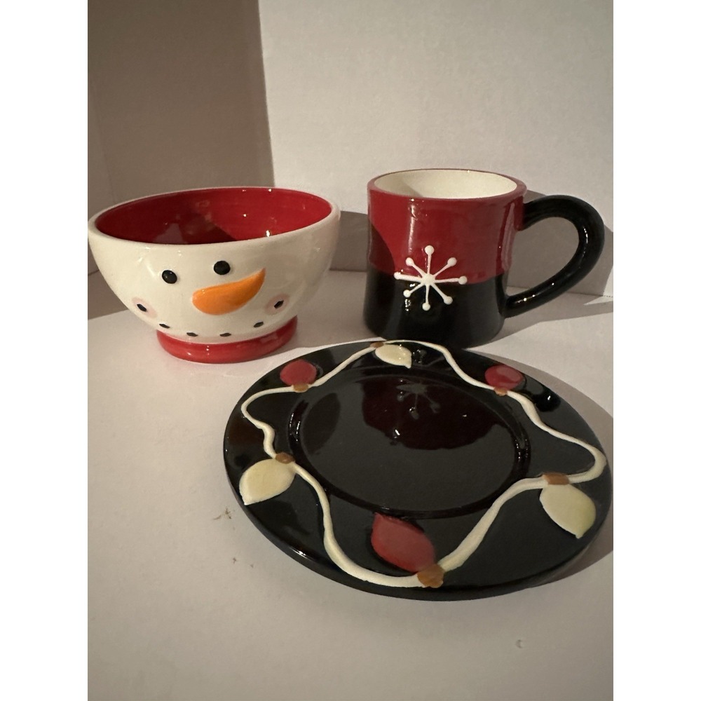 Cracker Barrel Snow Days Mug Bowl Plate Set Christmas Winter Snowman Ceramic EUC